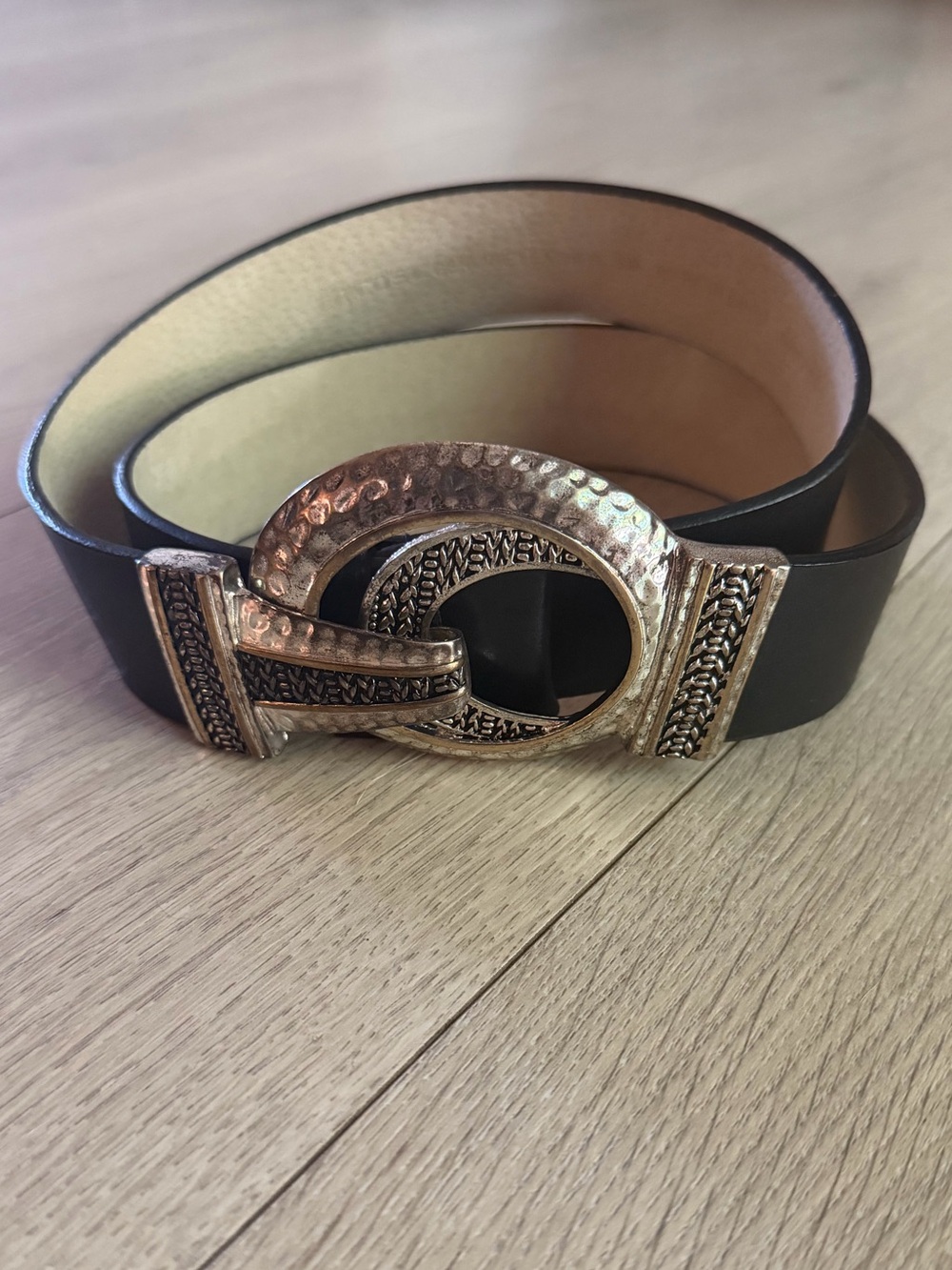 Chicos Black Leather Belt with Decorative Gold and Silver Tone Hammered Buckle